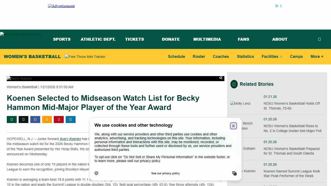 Koenen Selected to Midseason Watch List for Becky Hammon Mid-Major Player of the Year Award - NDSU
